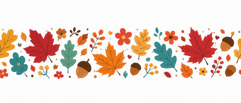 Vector autumn or fall banner with colorful autumn leaves, acorns and flowers, isolated on white. Cute kawaii border with seasonal elements in flat style for Thanksgiving, web or print advertising.