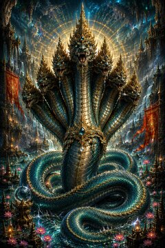 Vertical fantasy digital art depicting mythical hydra with shimmering scales amidst ancient temple ruins in mystical landscape setting for book cover design