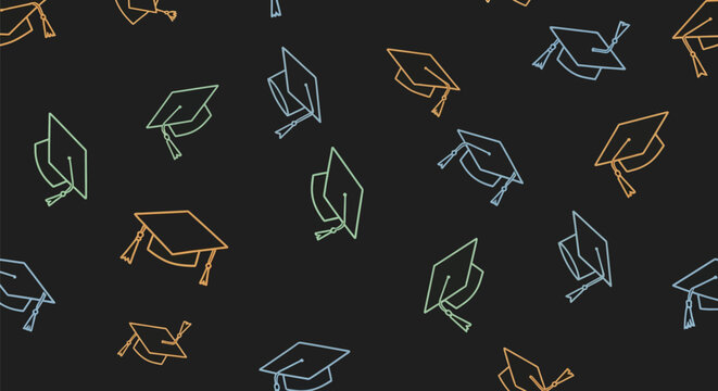 Seamless pattern of graduation caps in pastel colors on dark background academic achievement education concept vector illustration.