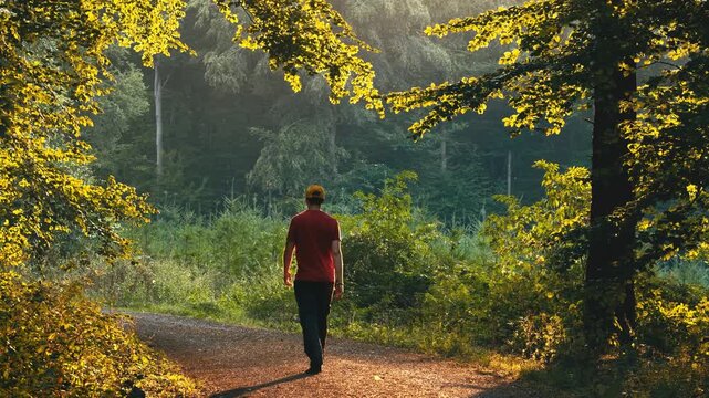 Relaxed man walking casually on a scenic sunlit path in a green forest, then stopping to take a picture 