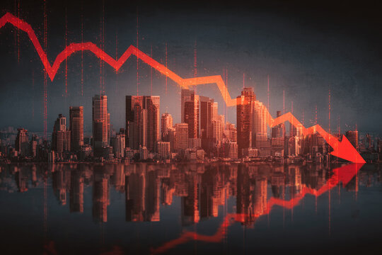 The concept of an economic collapse. A declining financial graph, a global recession. Indicators of a stock market crash, inflation, and a financial crisis. A decline in GDP revenues and a reduction i