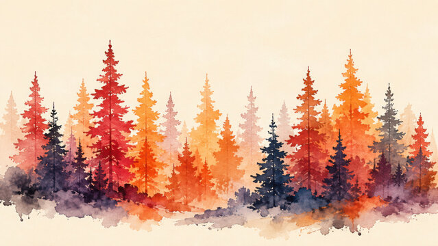 Autumn forest landscape. Colorful watercolor painting of fall season. Red and yellow trees. Beautiful leaves, pine trees. Minimal elegant flat scenery. Artistic natural scenery. Vintage pastel colors.