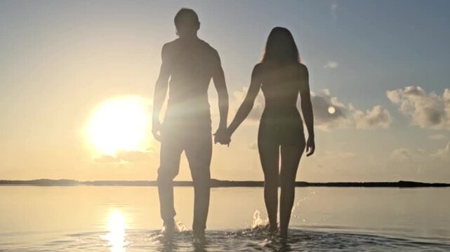 casal romantico andando juntos no p&ocirc;r do sol 