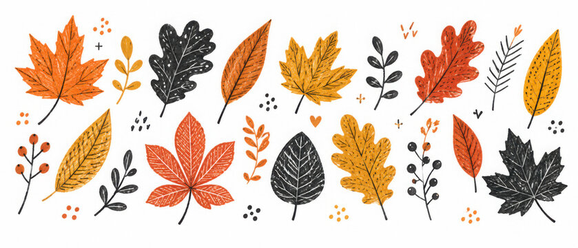 Funny autumn season leaf drawing illustration set. Hand drawn tree leave shapes on isolated background for kid education or fall concept.