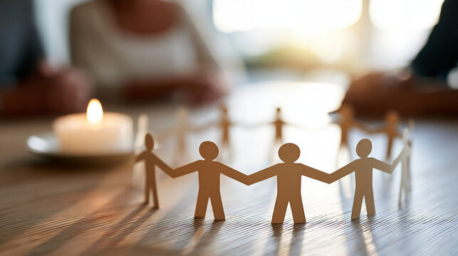 Close up of a paper people chain holding hands laid on a wooden table with a lit candle nearby in a bright clean room soft natural daylight unity symbol hope concept community