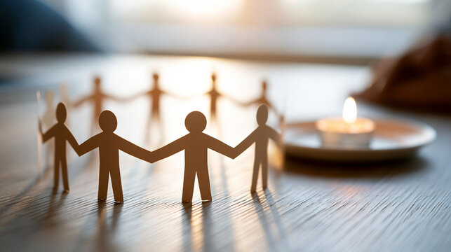 Close up of a paper people chain holding hands laid on a wooden table with a lit candle nearby in a bright clean room soft natural daylight unity symbol hope concept community