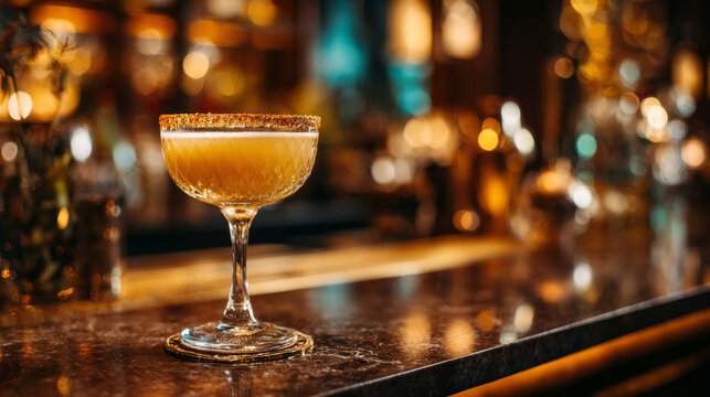 a golden cocktail on a table a bar, in ocre, gold, chocolate brown colored blurry background