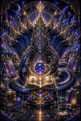 Fototapeta premium Vertical fantasy digital artwork depicting majestic cosmic serpent entwined around glowing mystical book with purple gems and celestial motifs for imaginative sci-fi book covers