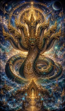 Vertical fantasy digital painting of majestic multi-headed dragon in celestial cosmic realm with intricate architecture showcasing mythical creature theme for fantasy game artwork