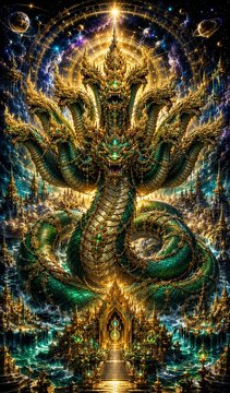 Vertical digital fantasy art depicting a multi-headed mythical serpent in a celestial kingdom amidst swirling galaxies and ornate temples, perfect for fantasy book covers and mythology content