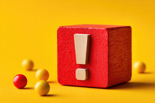 The concept of warning and alerting about risk, featuring a red wooden block and an exclamation mark on a yellow background, representing danger, safety, problem detection, and errors.