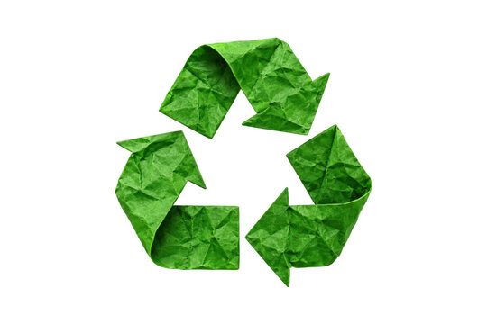 Green recycling symbol made from crumpled paper, isolated on a white background, representing sustainability, waste reduction, environmental conservation, reuse, and circular economy concepts.