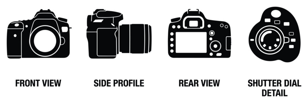 DSLR camera front side rear views and shutter dial detail vector.