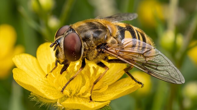 Hoverfly resting on a vibrant yellow buttercup flower