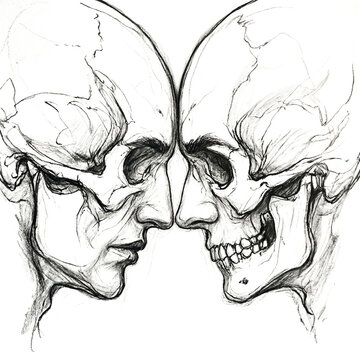 Skull drawing illustration two profiles facing each other created with a single flowing line isolated on a transparent background