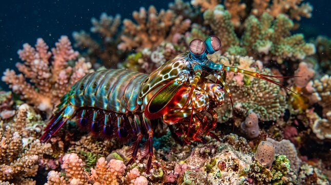 Colorful Peacock Mantis Shrimp on a Vibrant Coral Reef