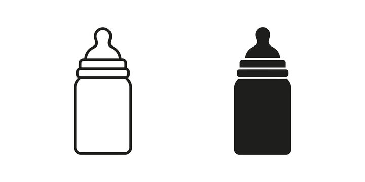 Baby bottle outline and solid icon set for infant feeding care.