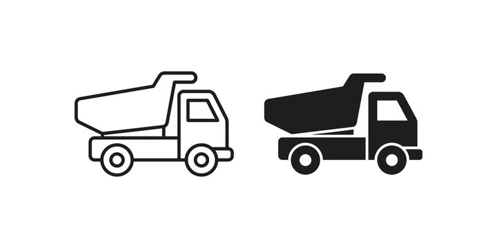 Black dump truck icon line and glyph vector design illustration set.