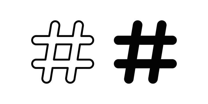 Hashtag line and solid black vector icons for social media tagging.