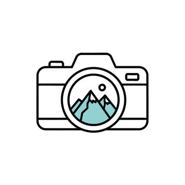 Camera icon with mountain landscape lens reflection