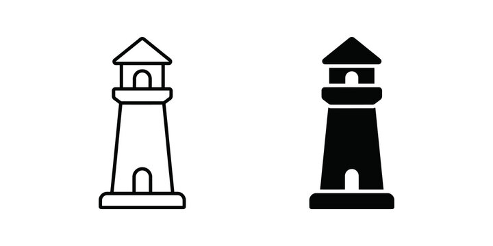 Lighthouse building tower silhouette and outline icons on transparent.