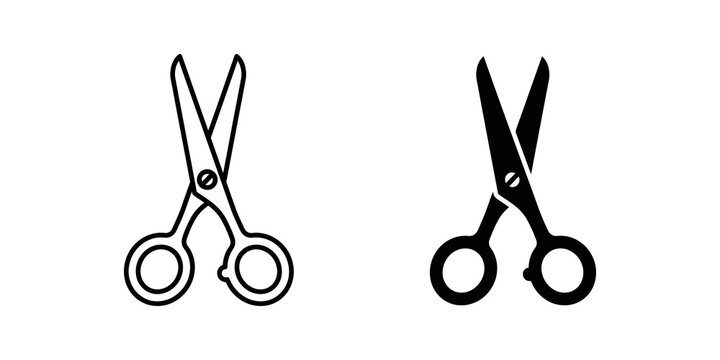 Scissors tool outline and solid vector icons set on transparent back.
