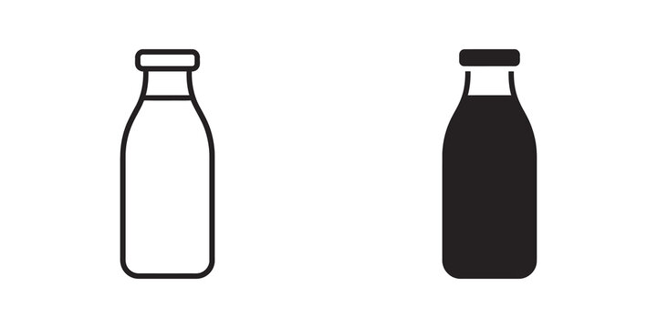 Milk bottle glass container icons in thin line and silhouette format.