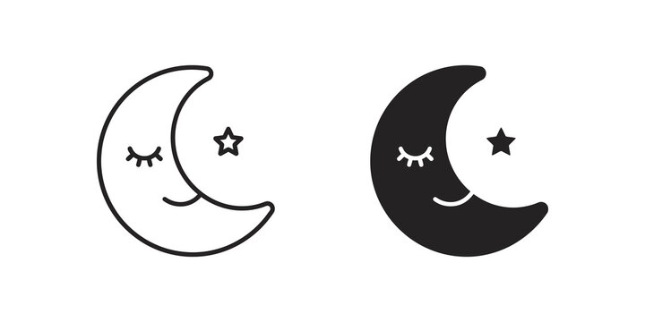 Sleeping crescent moon face with star line and solid vector symbols.