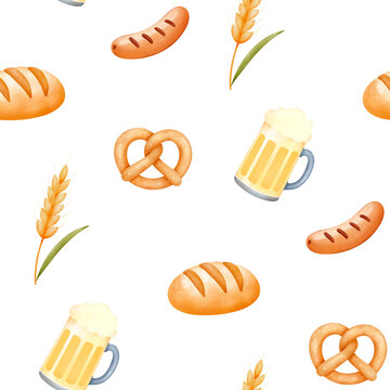 Oktoberfest watercolor seamless pattern with beer mugs, pretzels, sausages and wheat