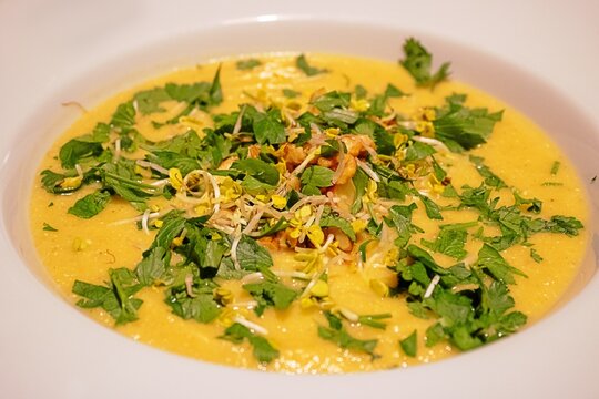 selleriesuppe mit kr&auml;utern im wei&szlig;en teller