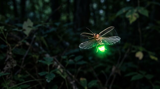 Firefly glowing bright green in a dark forest at night