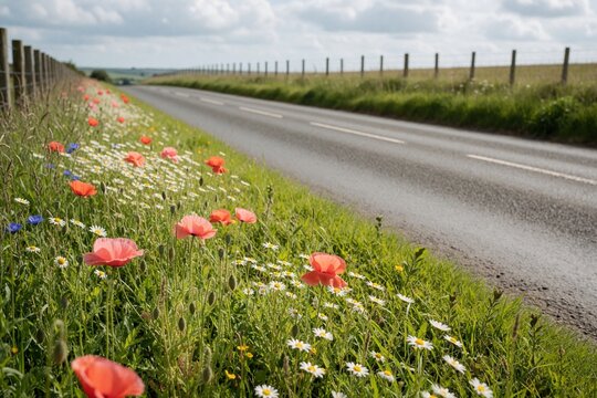 Wildflowers and poppies on a country road verge