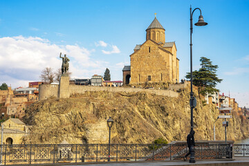 Tbilisi, Georgia - 25 January 2025: Metekhi Church and King Vakhtang Gorgasali Statue in Tbilisi, Georgia © murziknata