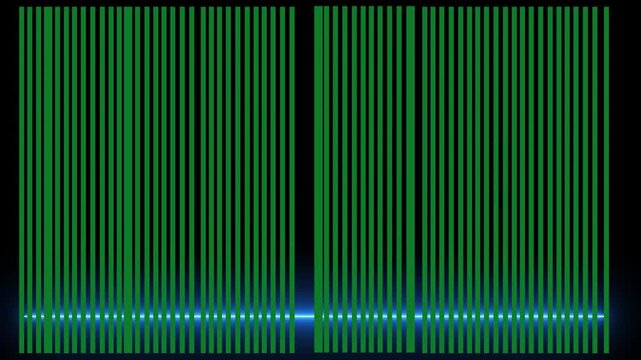 Abstract digital scanner beam scanning green vertical lines on a dark black background motion graphic