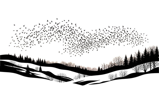 Minimalist black and white winter landscape, flock of birds flying over snowy hills, silhouette of forest trees in nature scene