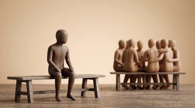 Lonely wooden mannequin figure sitting alone on bench separated from group of people representing social isolation exclusion loneliness depression mental health diversity