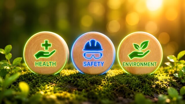 Three wooden blocks with glowing health safety and environment icons on mossy ground. Concept of corporate compliance and workplace protection.