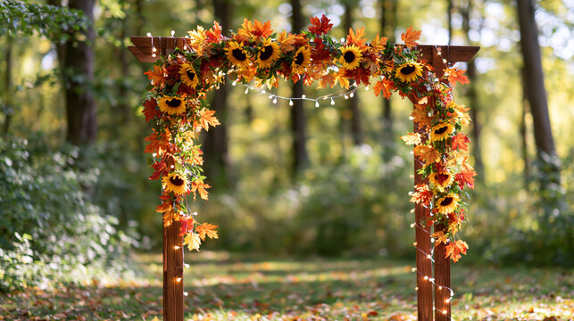 Wide view of a wedding arch decorated with fall leaves sunflowers and string lights in a bright autumn forest soft natural daylight clean open venue seasonal decor outdoor wedding