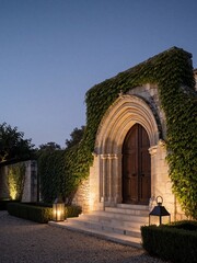 Fototapeta premium Ivy Covered Stone Manor Entrance Illuminated at Dusk