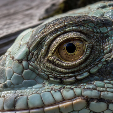 Extreme close-up of a green iguana eye and textured scales. Macro photography of a tropical reptile lizard face. Detailed animal anatomy background