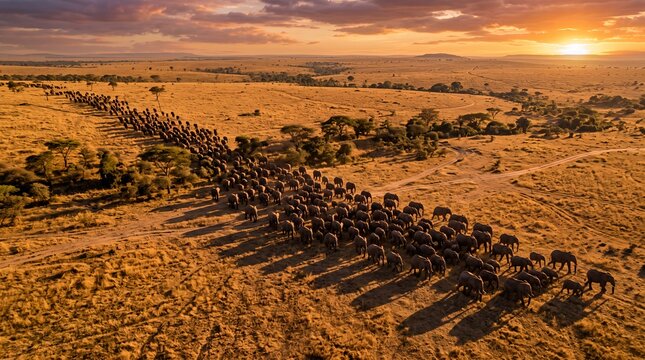 Large Herd of Elephants Migrating Across African Savannah at Sunset
