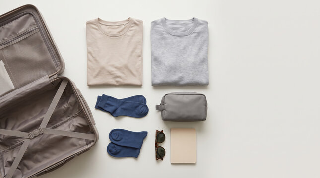 Open suitcase with folded travel clothes in minimalist flat lay