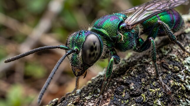 Close-up of a vibrant metallic green cuckoo wasp on bark