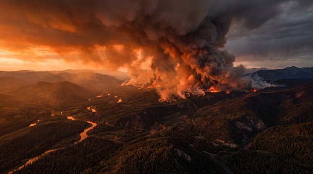 Massive Wildfire Rages Across Forested Mountains at Sunset