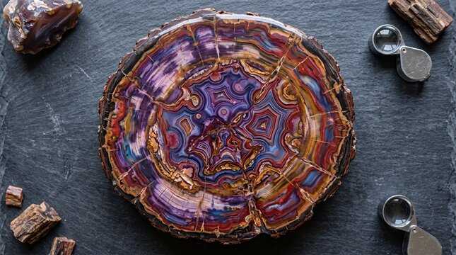 Vibrant Petrified Wood Slice on Dark Slate Background