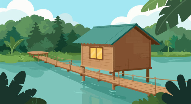 Tropical wooden stilt house on lake, peaceful jungle cabin with boardwalk. Exotic river bungalow in rainforest landscape, summer vacation vector.