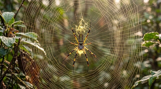 Golden silk orb-weaver spider on its web in a tropical forest