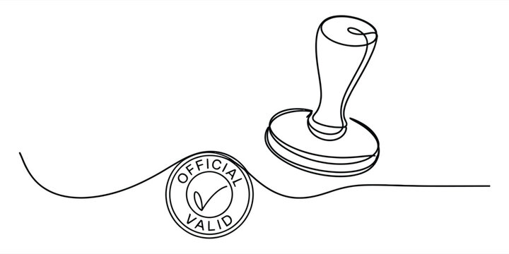 Continuous single line drawing of a rubber stamp creating an official valid stamp seal mark in a simple minimalist black outline style illustration