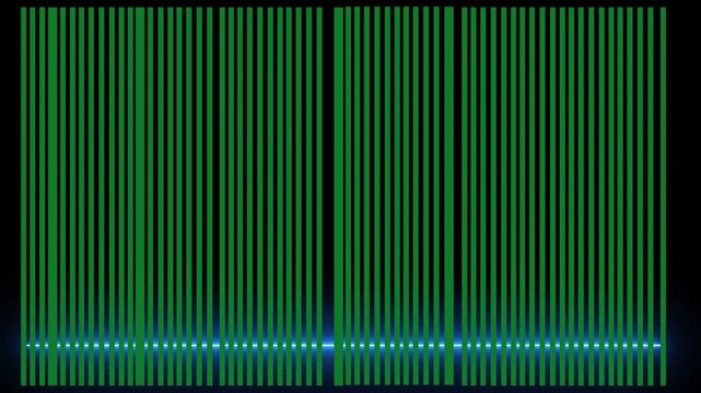 Digital scanning laser beam effect moving across vertical green data bars on black background screen