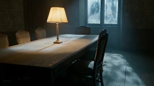 Cinematic shot of a lonely glowing lamp on an old dining table in a dark, dusty abandoned room with eerie blue moonlight through the window.